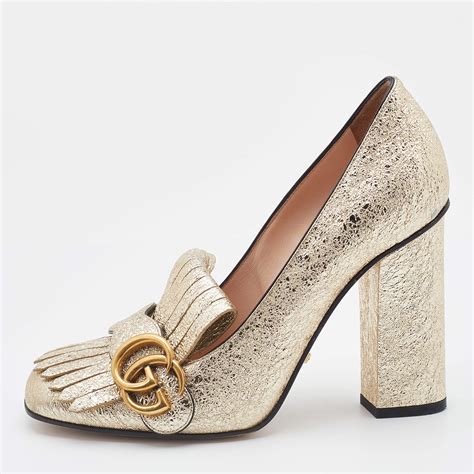 gucci gold with bamboo heel|Gucci marmont fringe heels.